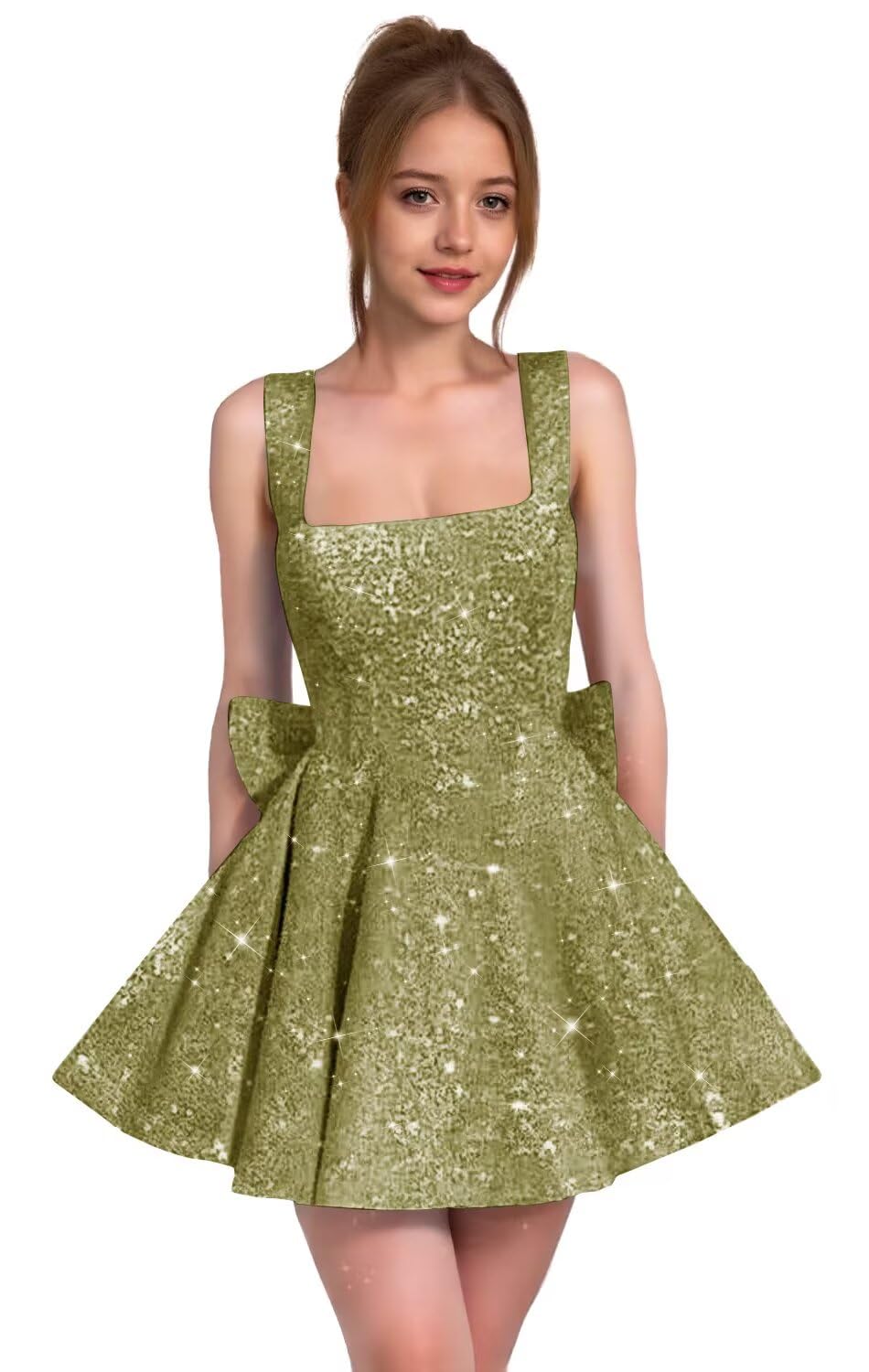Sparkly Sequin Homecoming Dresses for Teens Short Prom Dress Square Neck Bow Formal Cocktail Gowns with Pockets