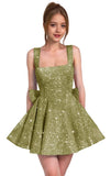 Sparkly Sequin Homecoming Dresses for Teens Short Prom Dress Square Neck Bow Formal Cocktail Gowns with Pockets