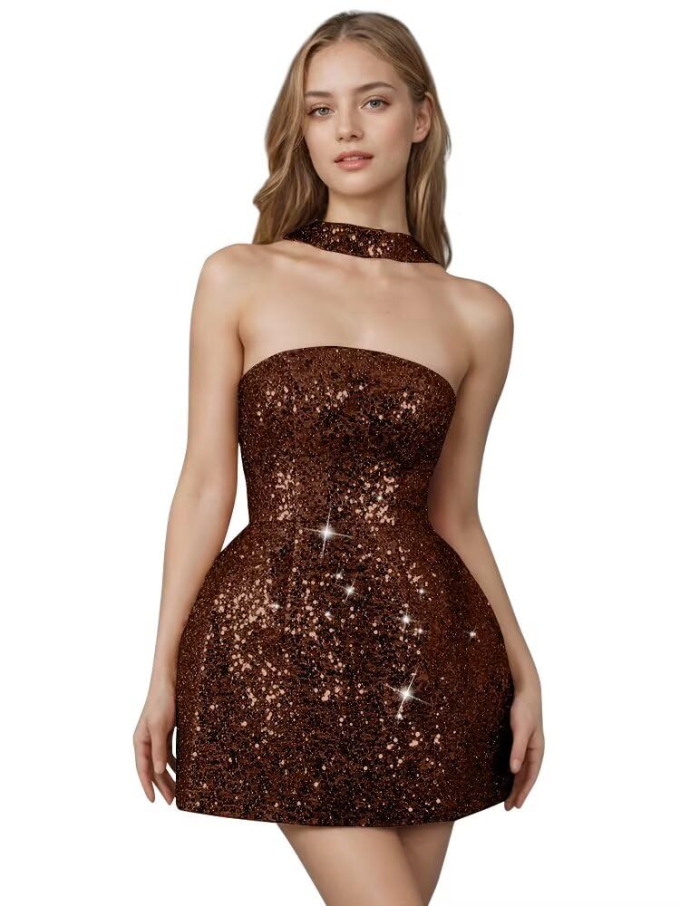 Strapless Sequin Homecoming Dresses for Teens Short Prom Dress Sparkly A-Line Cocktail Party Gowns with Pockets