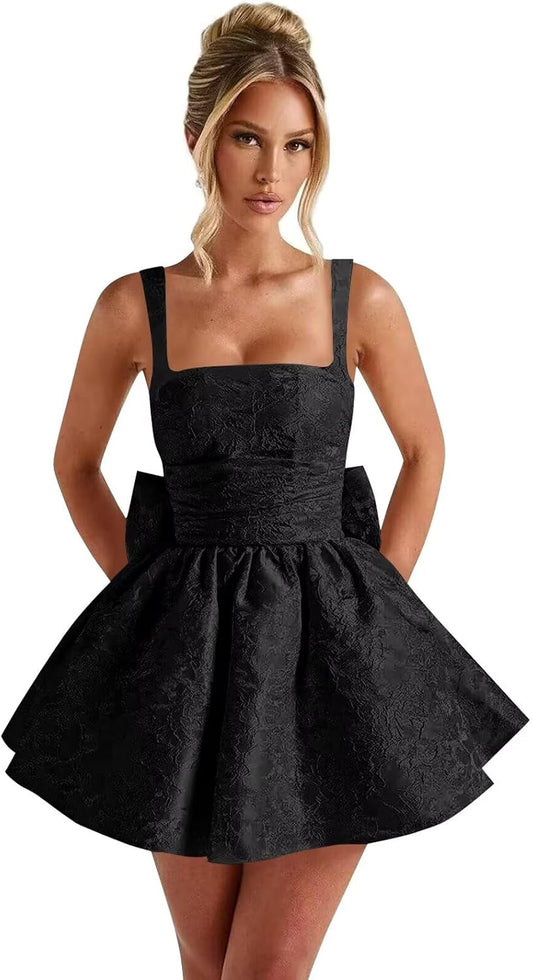 Satin Jacquard Homecoming Dress with Bow Short A-Line Mini Prom Cocktail Party Gown