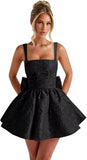 Satin Jacquard Homecoming Dress with Bow Short A-Line Mini Prom Cocktail Party Gown