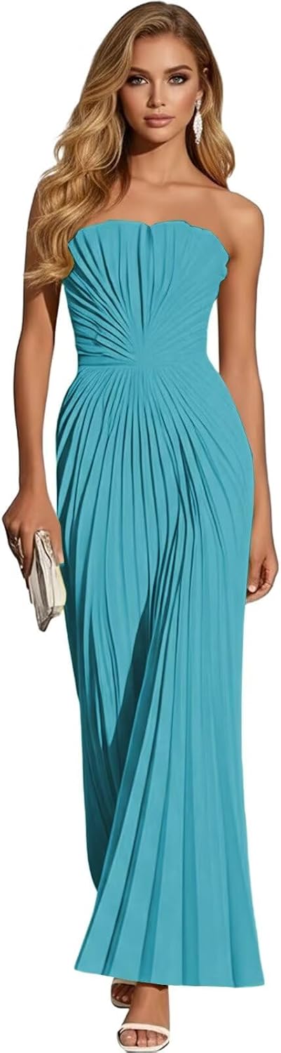 Women's Strapless Pleated Bridesmaid Dress Elegant Sweetheart Neck Formal Prom Gown for Wedding Guest