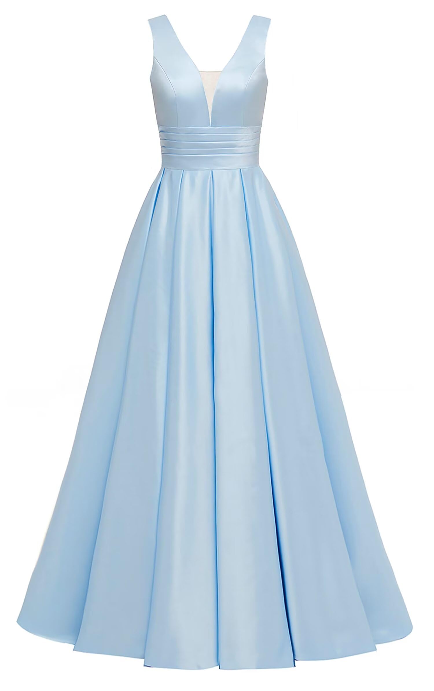 Glitter Satin Prom Dresses for Women Long V Neck A-Line Pleated Formal Evening Party Gowns with Pockets