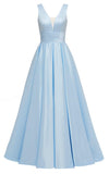 Glitter Satin Prom Dresses for Women Long V Neck A-Line Pleated Formal Evening Party Gowns with Pockets