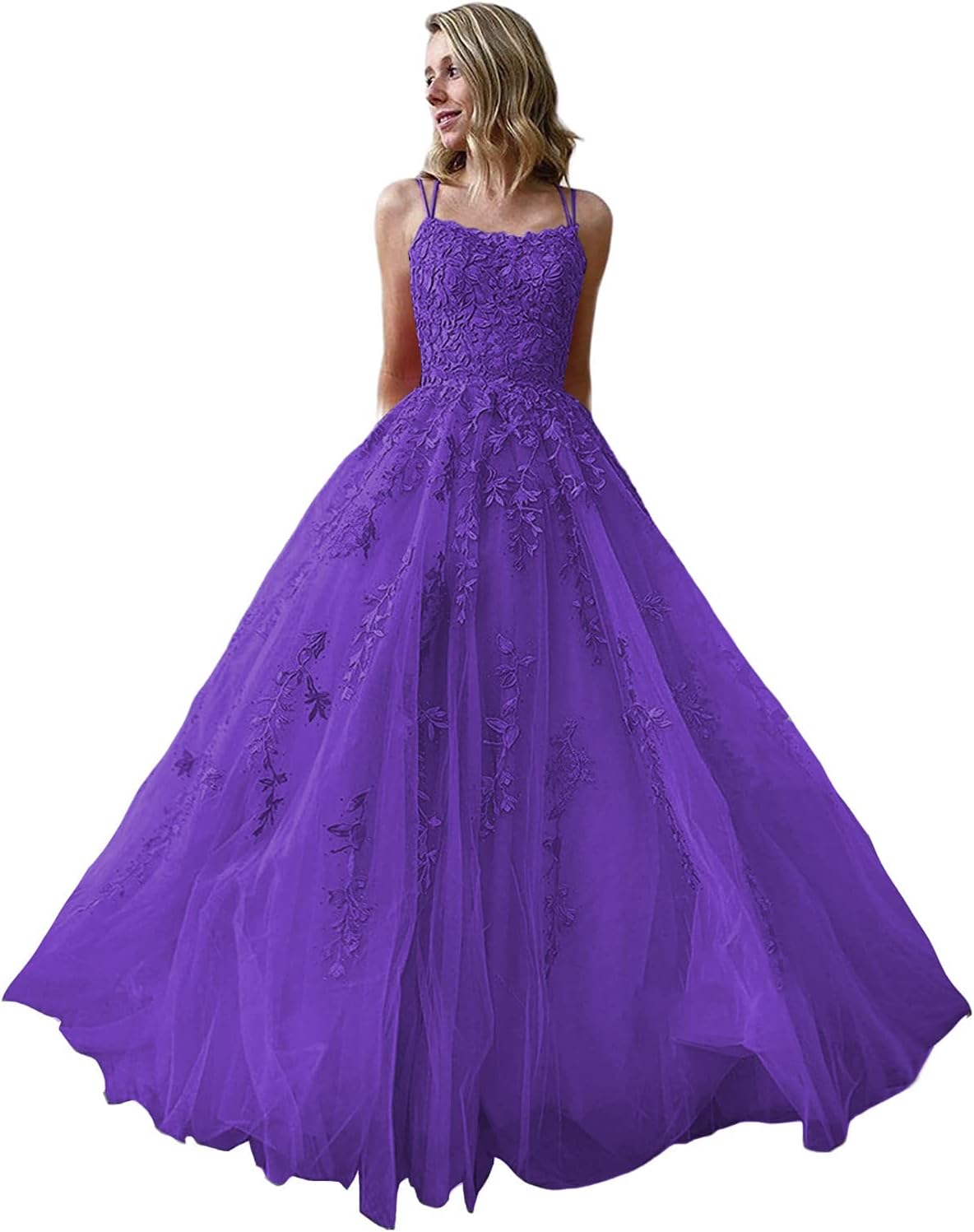 Ballkleider, langes Ballkleid für Damen, Spaghettiträger, Tüll, A-Linie, sexy, rückenfrei, formelle Partykleider mit Taschen 