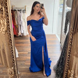 Off Shoulder Satin Bridesmaid Dresses Long Formal Gown for Wedding Ruched Prom Dress with Slit