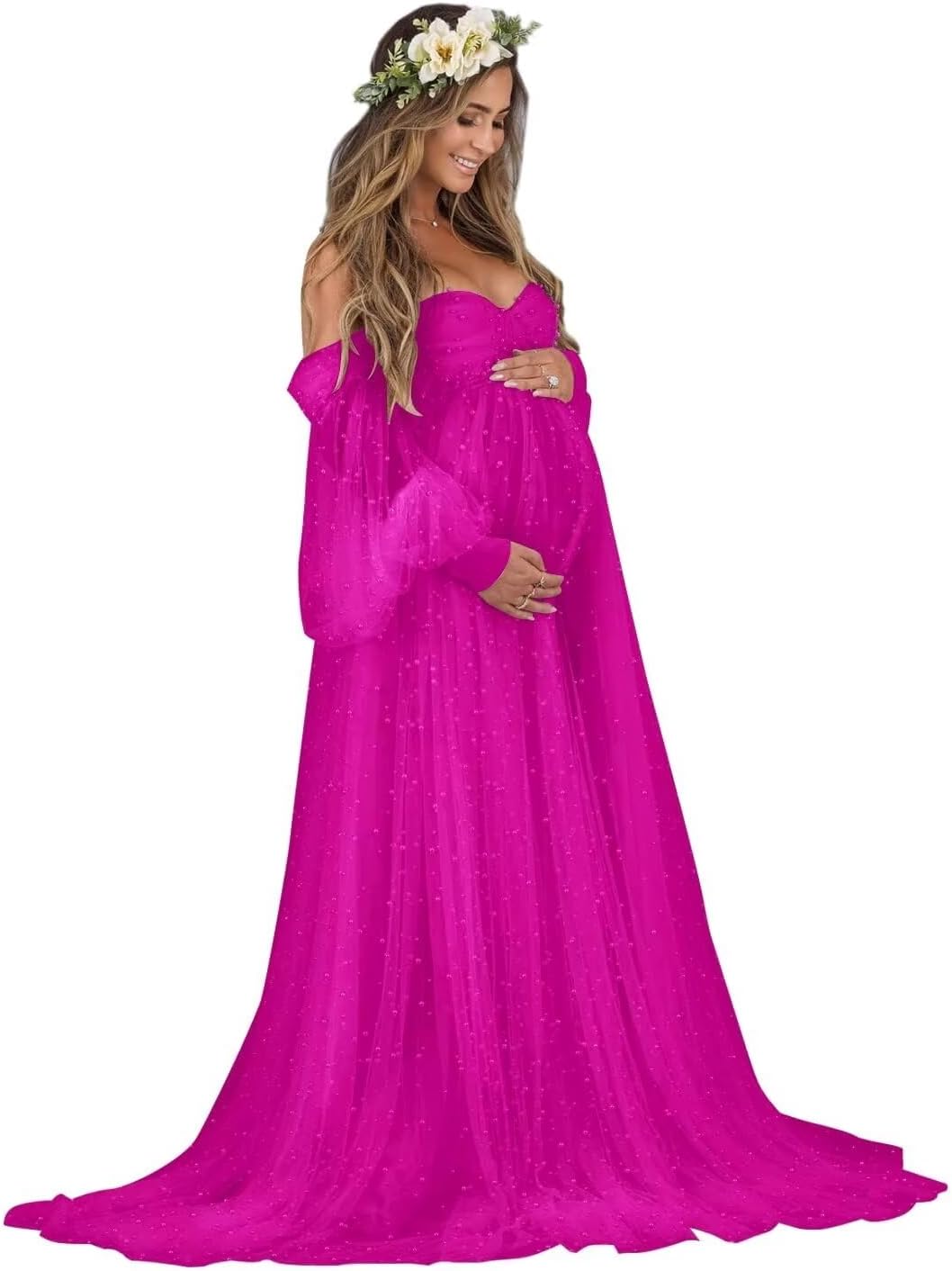 Kingbridal Pearl Tulle Maternity Dress for Photoshoot Long Puffy Sleeve Pregnancy Gown