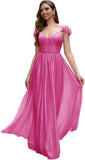 Cap Sleeve Bridesmaid Dresses for Women Long V Neck Ruffled Split Glittery Long Formal Evening Dress with Pocket