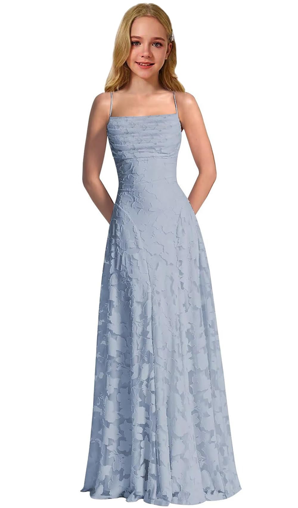 Lace Floral Junior Bridesmaid Dresses Long Spaghetti Strap Prom Dress for Teens Formal Gown Flower Girls Dress