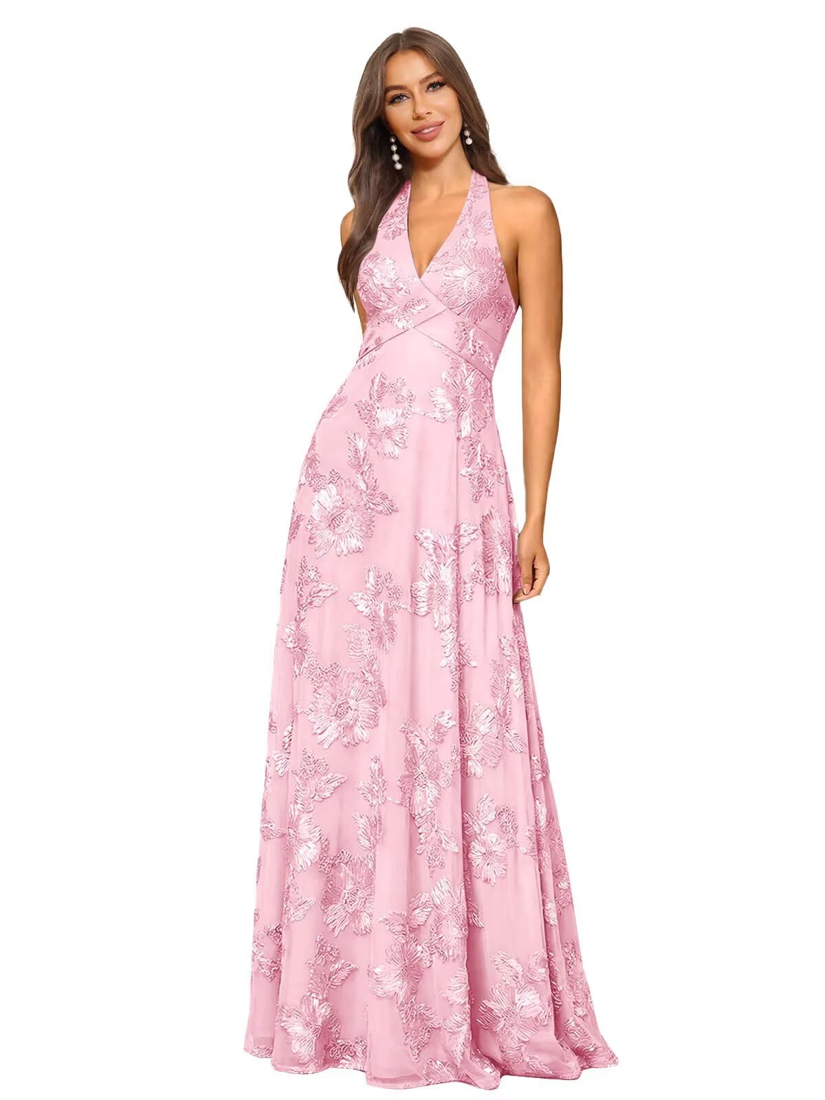 Jacquard Floral Lace Bridesmaid Dresses for Women Long A-Line Open Back Halter Formal Gown