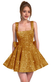 Sparkly Sequin Homecoming Dresses for Teens Short Prom Dress Square Neck Bow Formal Cocktail Gowns with Pockets