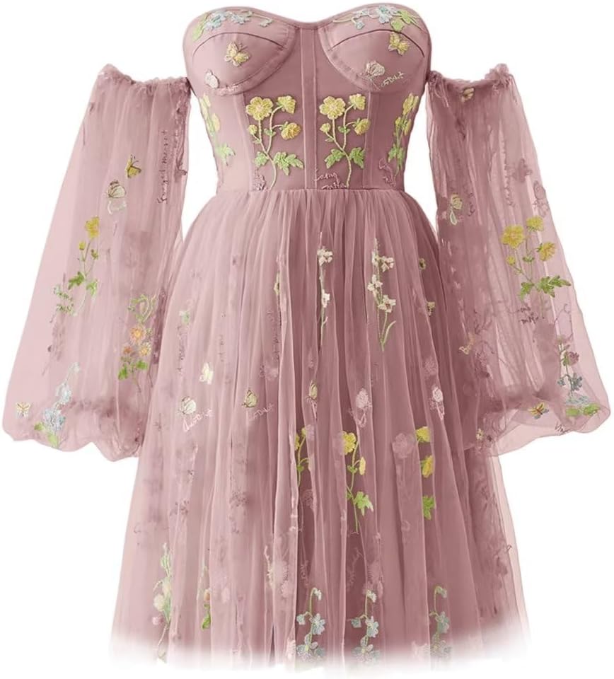 Vestidos de fiesta para mujer, cortos, con hombros descubiertos, bordados florales, de tul, formales, para fiesta de graduación 