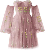 Vestidos de fiesta para mujer, cortos, con hombros descubiertos, bordados florales, de tul, formales, para fiesta de graduación 