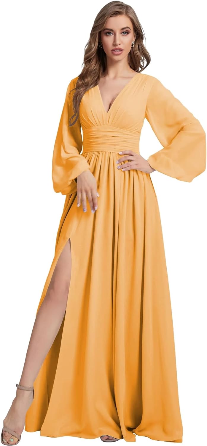 Womens V-Neck Long Sleeve Bridesmaid Dresses with Slit 2024 Ruched A-line Chiffon Prom Formal Dresses