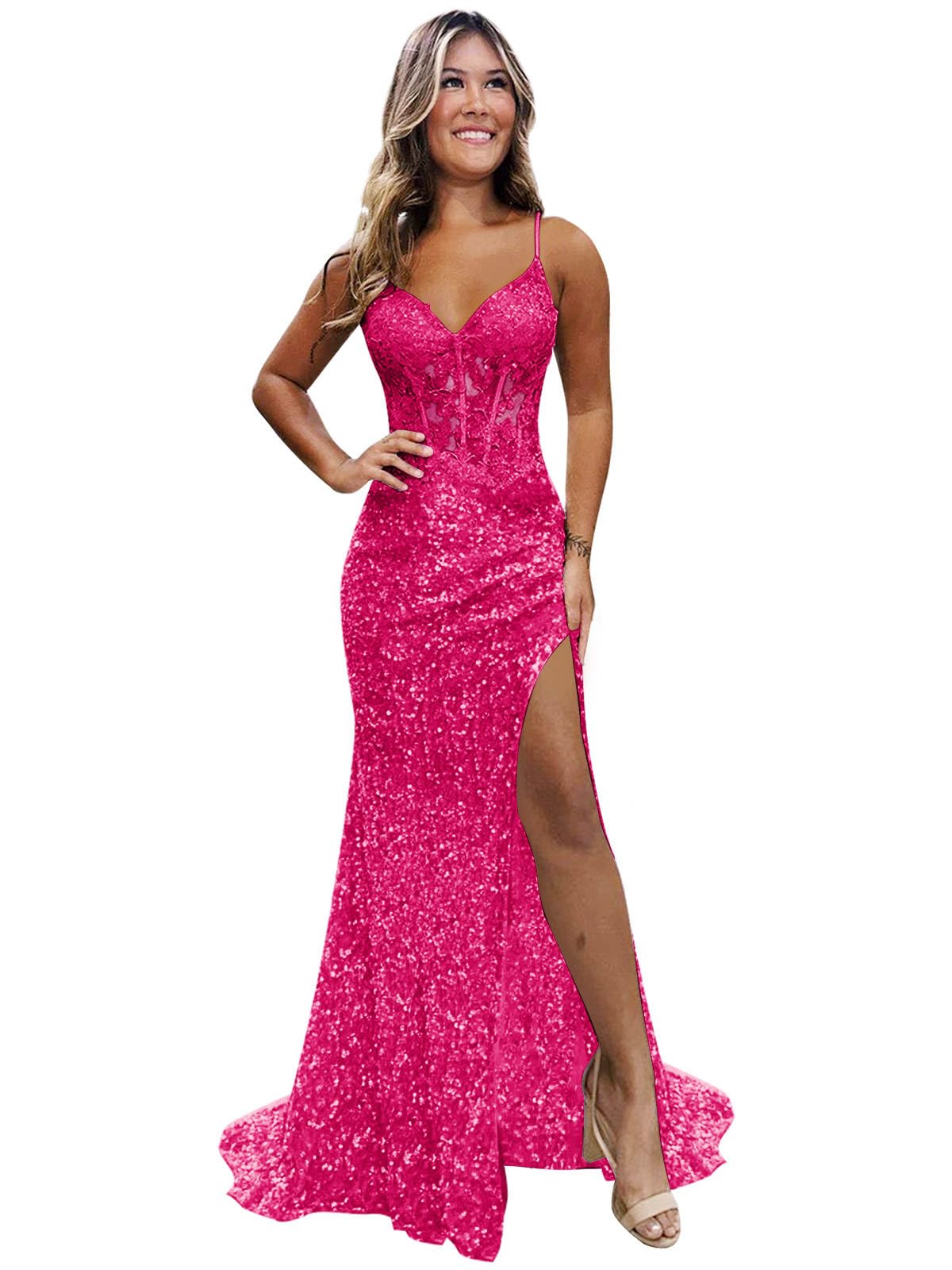Sparkly Sequin Prom Dresses for Teens 2026 V Neck Glitter Applique Mermaid Formal Evening Gown with Slit