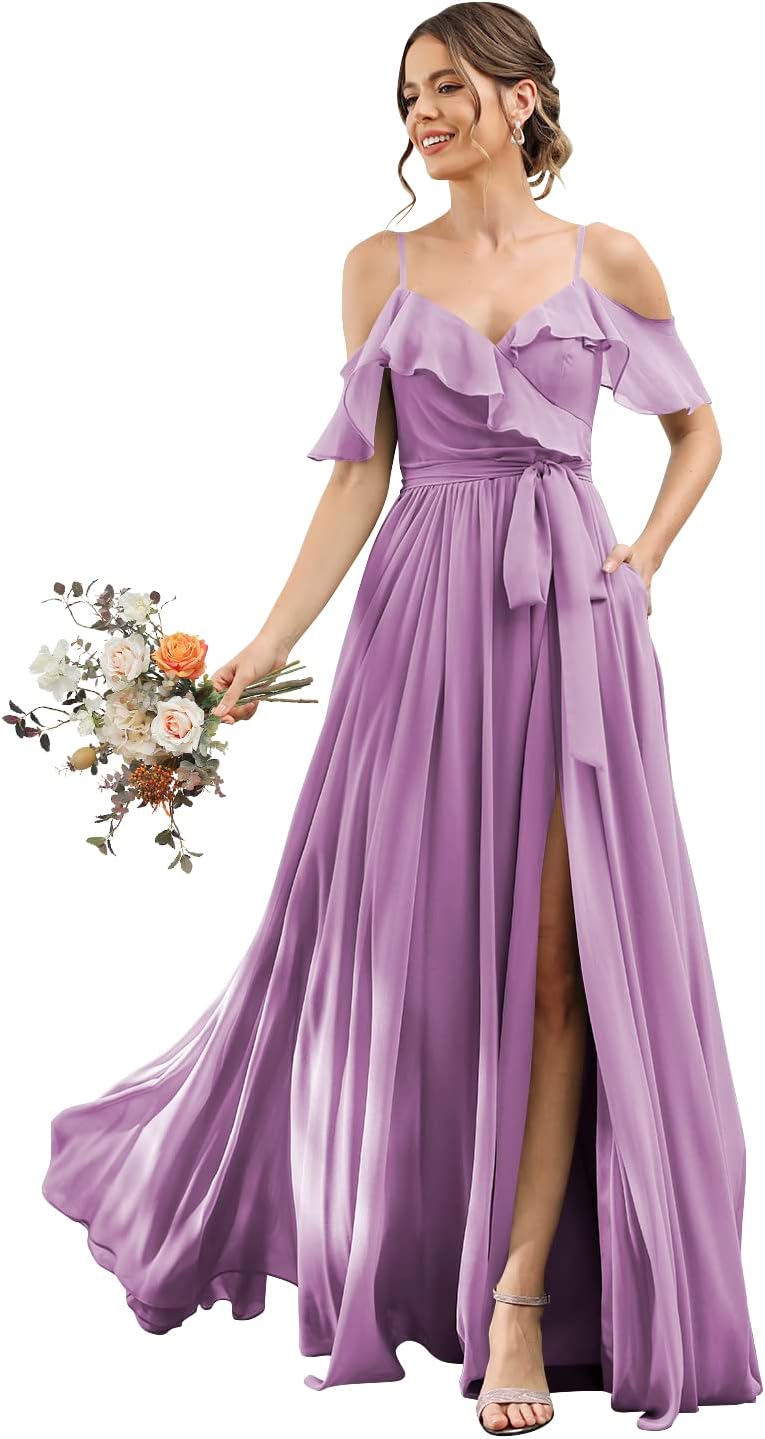 Women's Bridesmaid Dresses with Slit Long Cold Shoulder Chiffon Formal Party Dress with Pockets