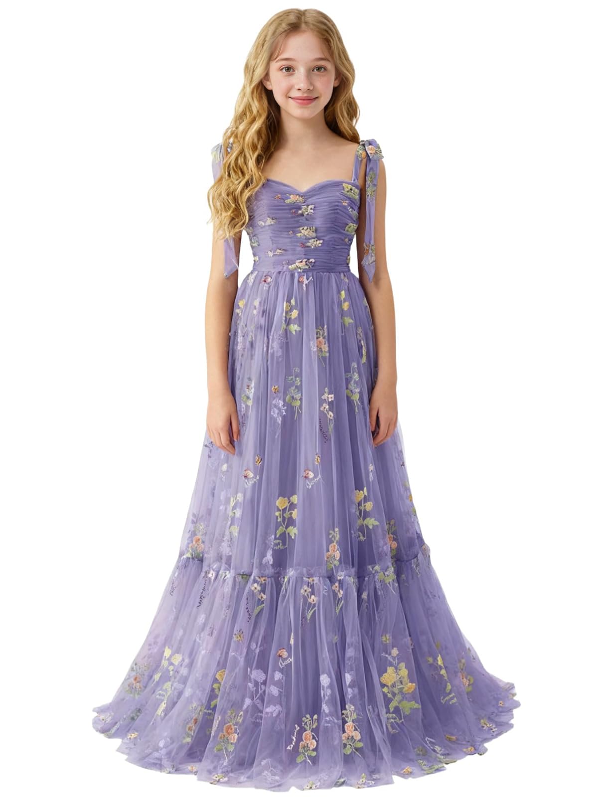 Floral Embroidered Tulle Flower Girl Dress Sweetheart Junior Bridesmaid Dresses Tiered Ruffled Formal Party Prom Gown