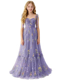 Floral Embroidered Tulle Flower Girl Dress Sweetheart Junior Bridesmaid Dresses Tiered Ruffled Formal Party Prom Gown