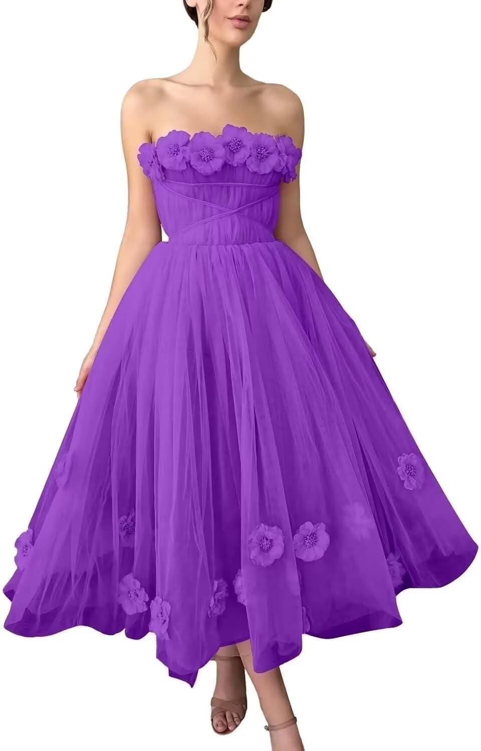 Women's 3D Flower Off Shoulder Tea Length Whimsical Prom Dress, A Line Strapless Tulle Formal Evening Party Gown
