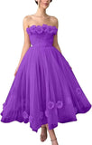 Women's 3D Flower Off Shoulder Tea Length Whimsical Prom Dress, A Line Strapless Tulle Formal Evening Party Gown
