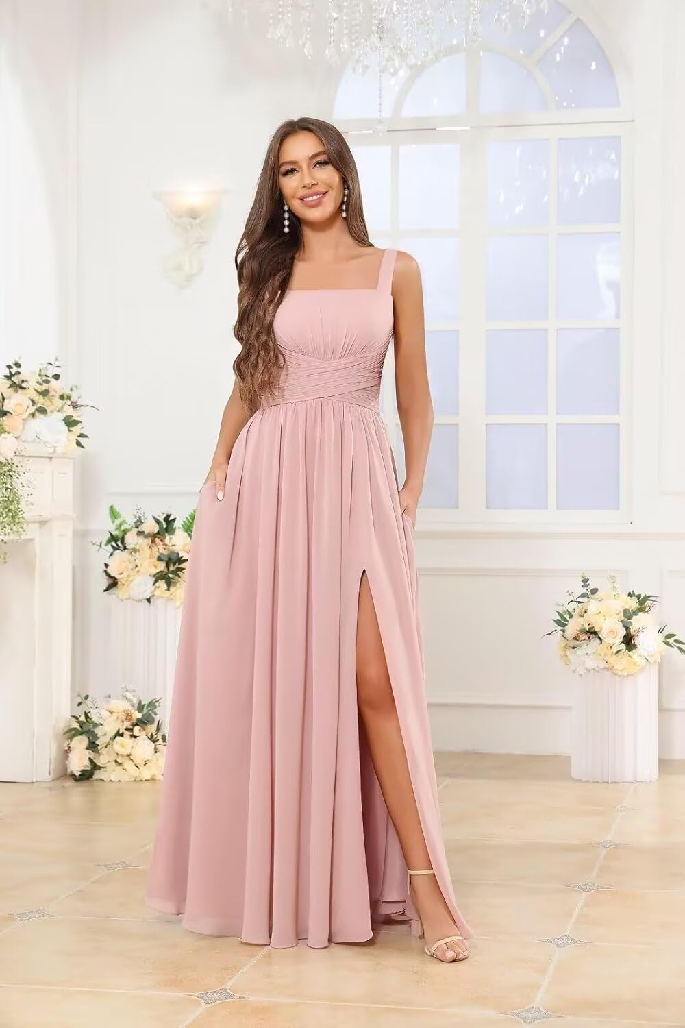 Kingbridal Chiffon A-line Bridesmaid Dresses for Women 2027 Long Square Neck Pleated Formal Evening Party Dress with Slit