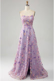 A-Line/Princess Thin Straps Elegant Formal Dress Floor-Length Tulle Sleeveless Evening Gown Prom Dress Appliques Slit