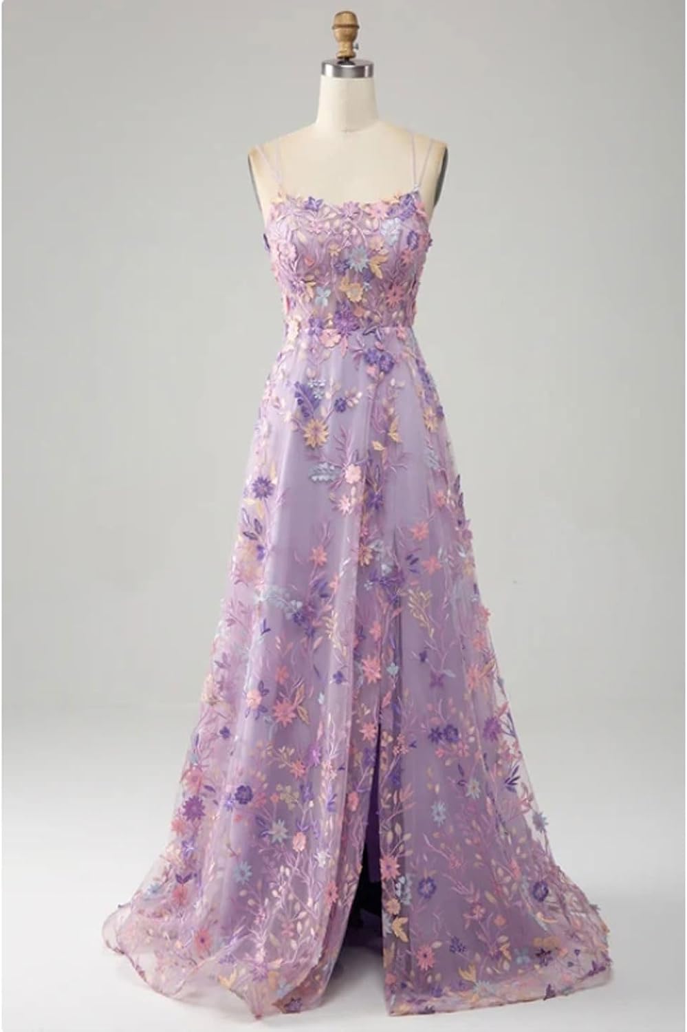 A-Line/Princess Thin Straps Elegant Formal Dress Floor-Length Tulle Sleeveless Evening Gown Prom Dress Appliques Slit