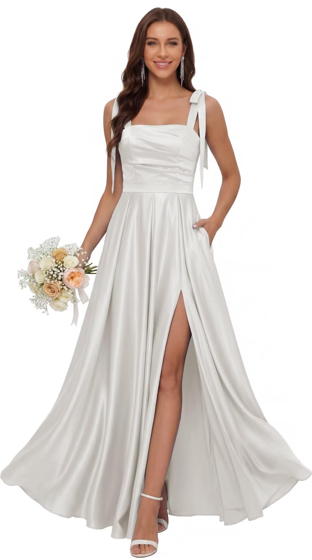 Satin Bridesmaid Dresses with Slit Spaghetti Straps Square Neck Long Formal Dress