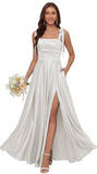 Satin Bridesmaid Dresses with Slit Spaghetti Straps Square Neck Long Formal Evening Dress