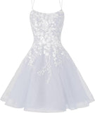 Sparkly Lace Applique Homecoming Dresses for Teens Short Corset Tulle Spaghetti Strap Prom Cocktail Party Dress