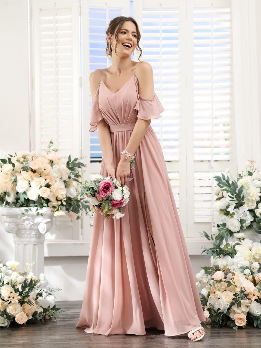 Women's Cold Shoulder Ruffle Sleeves Bridesmaid Dresses for Women 2025 Pleated Chiffon Formal Dresses with Slit