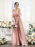 Women's Cold Shoulder Ruffle Sleeves Bridesmaid Dresses for Women 2025 Pleated Chiffon Formal Dresses with Slit
