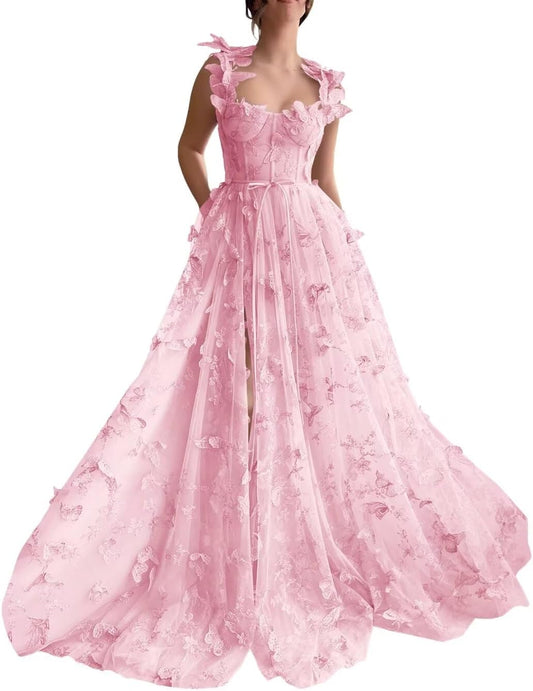 Vestidos de fiesta largos de tul con mariposas 3D para adolescentes, vestidos de fiesta formales de noche bordados con abertura 