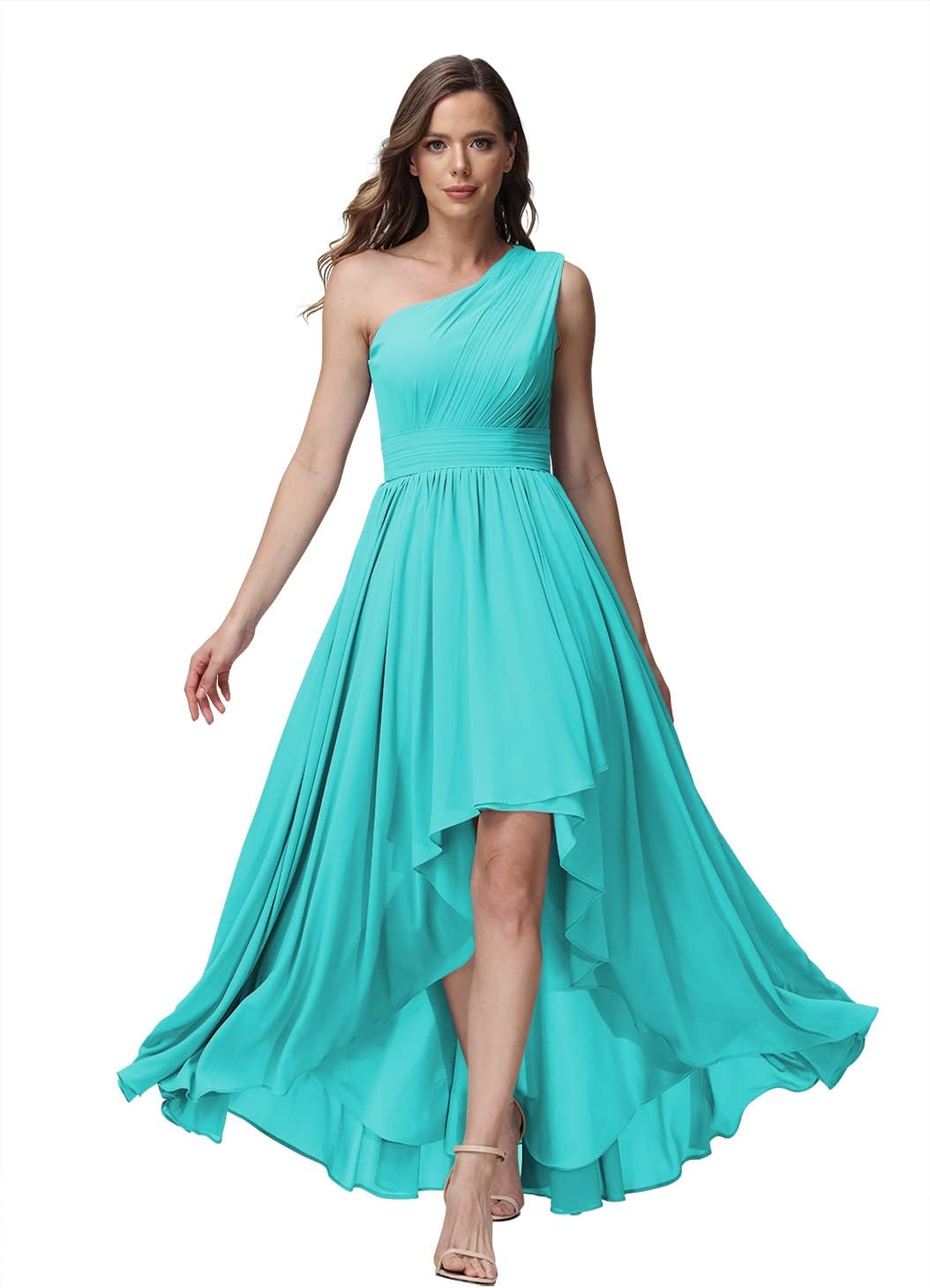 Vestido de dama de honor de un solo hombro para mujer, vestido formal de noche de gasa con bolsillos y corte alto bajo
