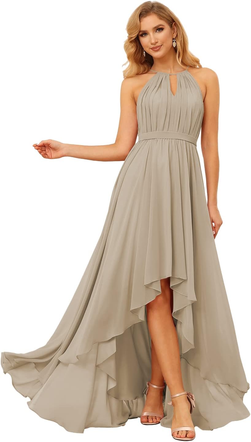 Damen Neckholder Brautjungfernkleider Lang mit Taschen High-Low Falten Formelles Kleid für Hochzeit 