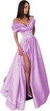 Women’s Off The Shoulder Prom Dresses with Slit Satin Ruched Long Formal Evening Gowns