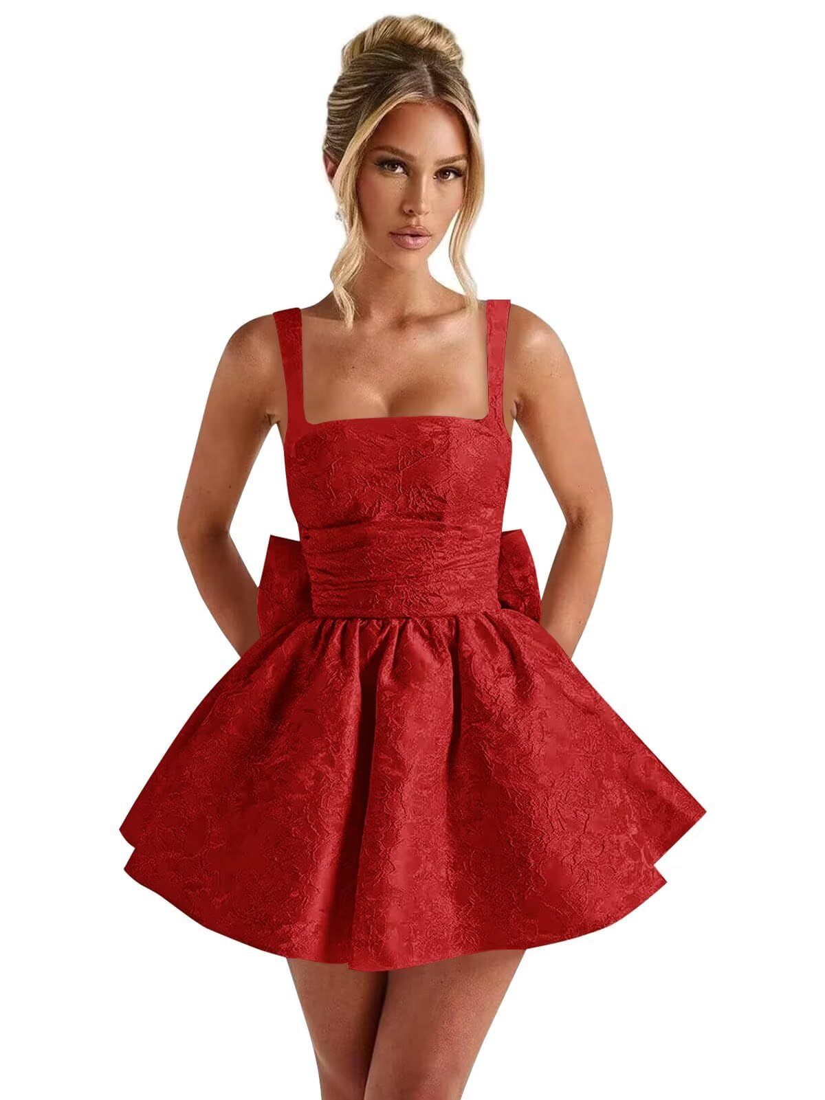 Satin Jacquard Homecoming Dress with Bow Short A-Line Mini Prom Cocktail Party Gown