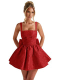 Satin Jacquard Homecoming Dress with Bow Short A-Line Mini Prom Cocktail Party Gown
