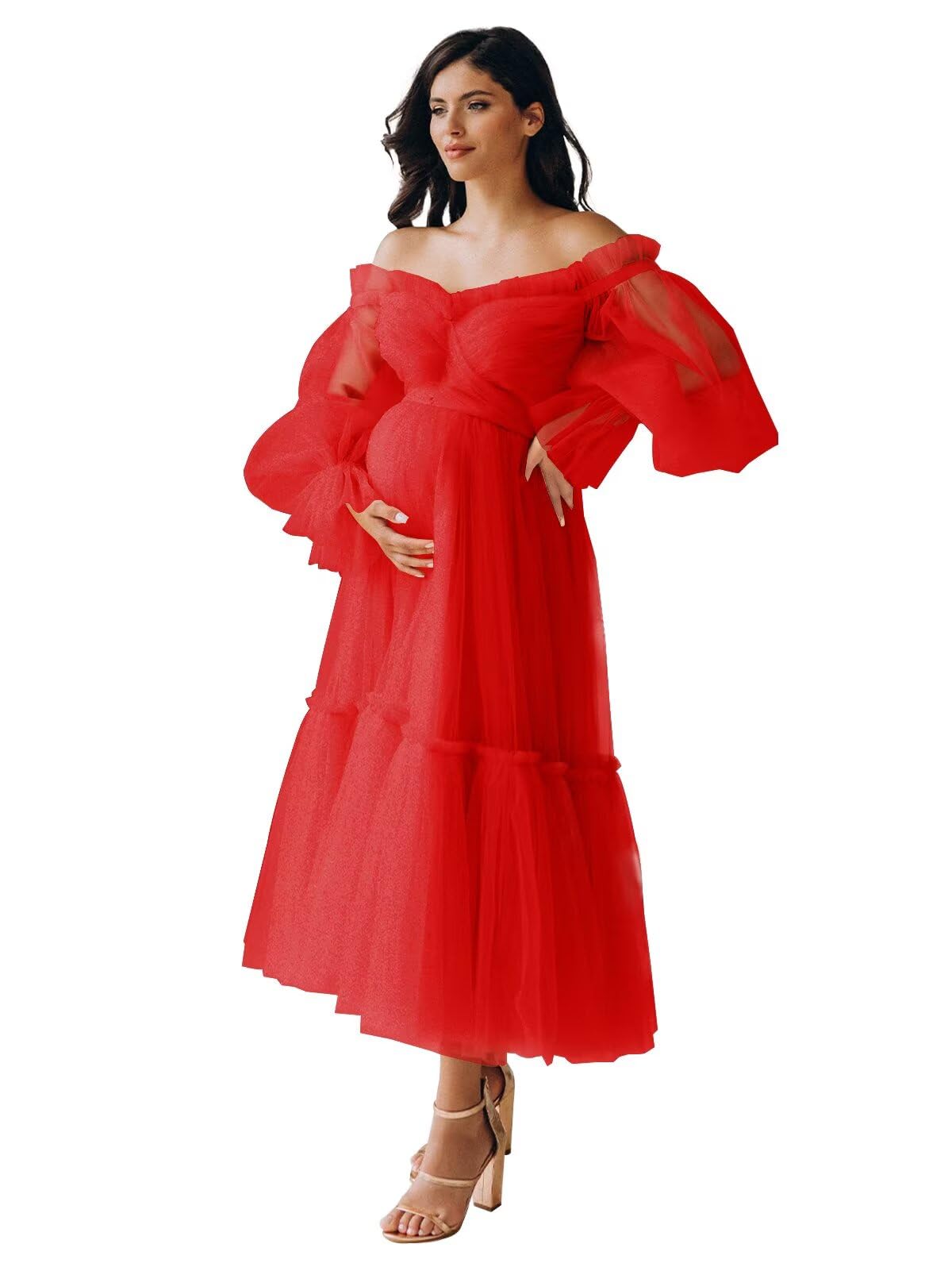 Eightale Tulle Tea Length Maternity Dresses for Photo Shoot Long Sleeve Pregnancy Gown for Baby Shower