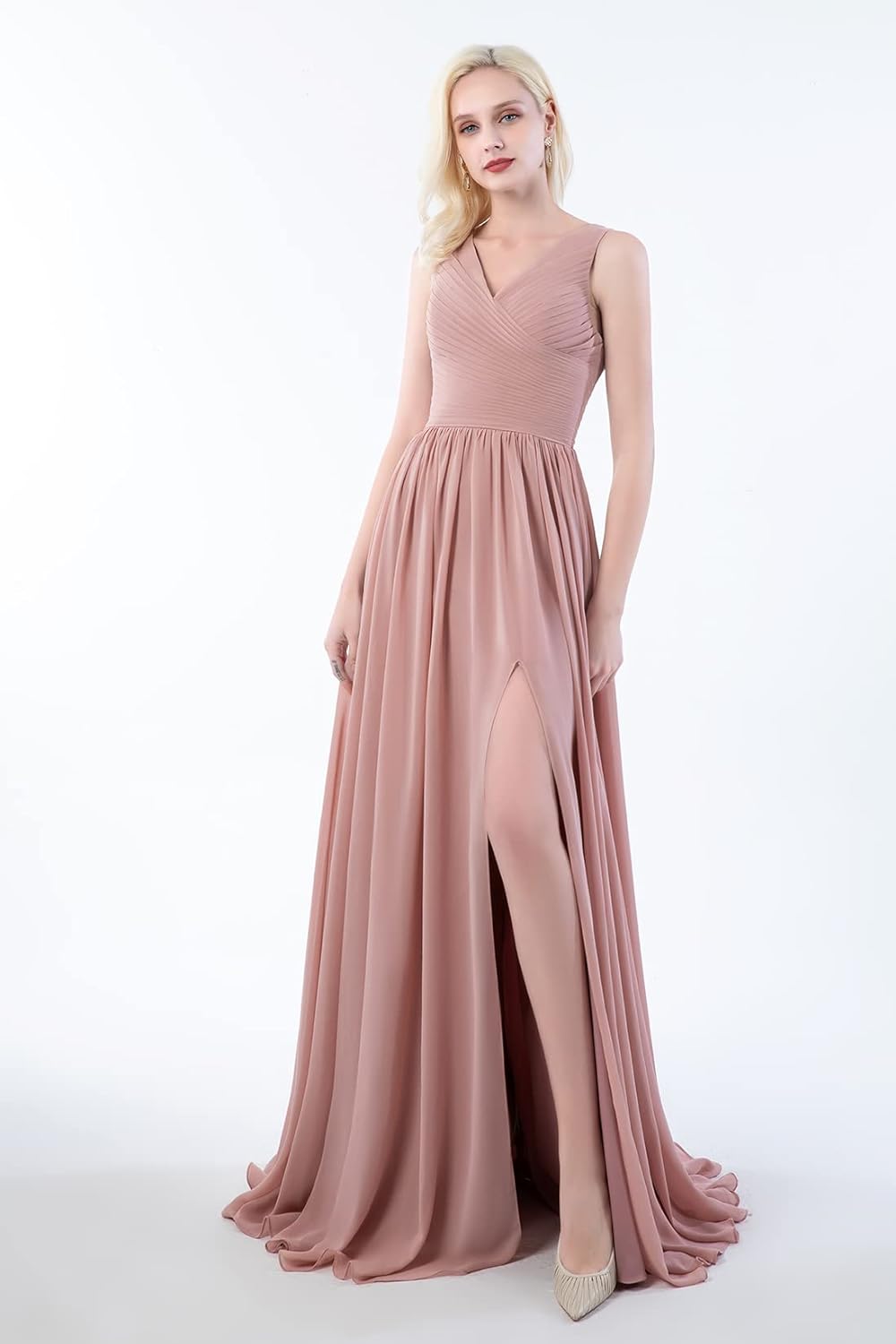 Vestidos de dama de honor largos con escote en V y abertura en gasa, corte A, plisados, para noche, fiesta formal