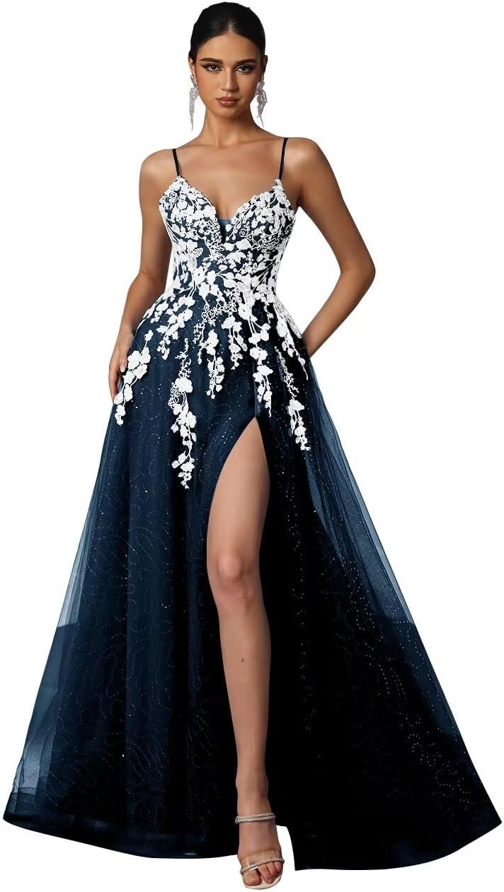 Tulle Prom Dresses 2027 Puffy Ball Gown for Women Formal V Neck Lace Appliques Evening Gown with Slit Long Homecoming Dress
