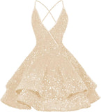 Vestidos de fiesta cortos con lentejuelas brillantes para adolescentes, sexy, con tirantes finos, vestido de fiesta, vestido de cóctel con cuello halter 