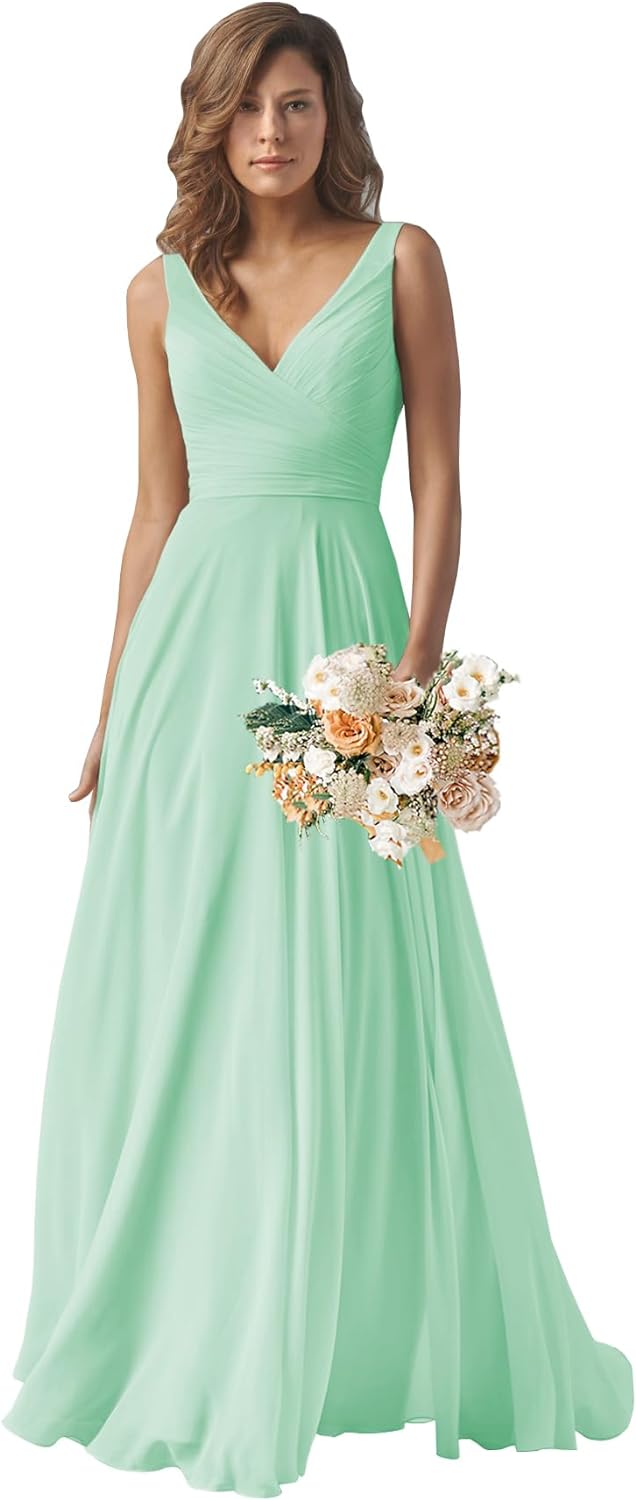 Chiffon Bridesmaid Dresses Long for Women A Line Ruched Formal Porm Evening Gowns