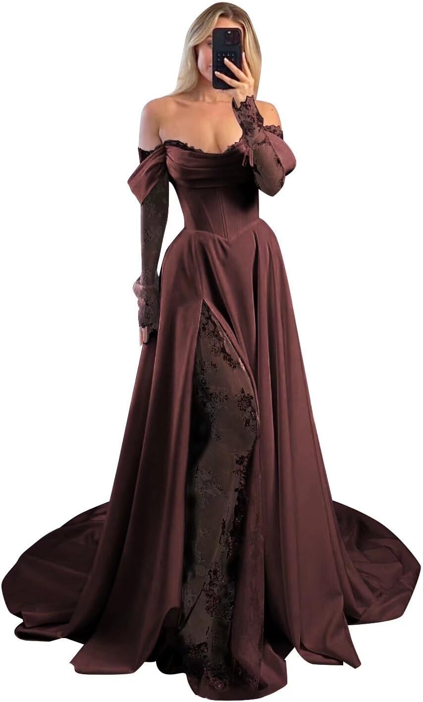 Off Shoulder Satin Wedding Dresses Lace Long Sleeve Prom Dresses Corset A-Line Ball Gowns with Slit