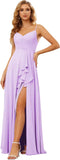 Vestidos de dama de honor largos de gasa con tirantes finos y bolsillos, vestidos formales con volantes y abertura para mujer 