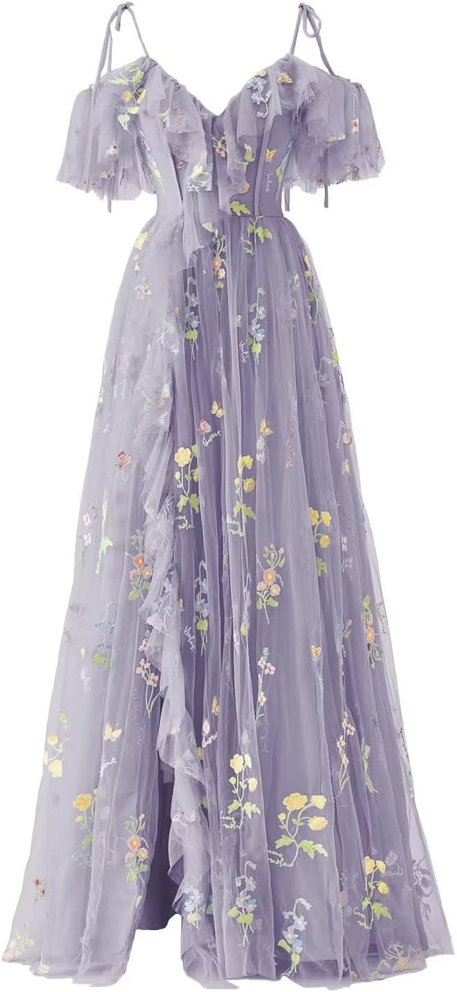Vestidos de fiesta de tul con bordado floral para mujer, tirantes finos, largos, formales, de noche, 2024 