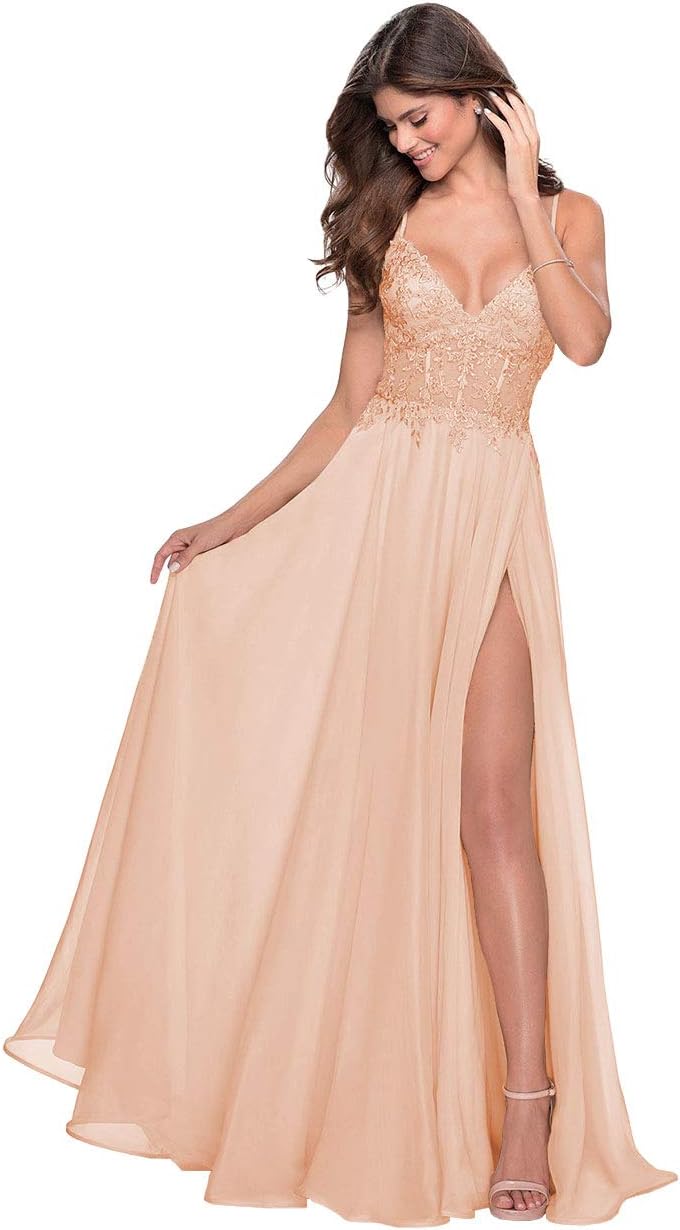 Women's Lace Appliqued Chiffon Prom Dresses Long with Slit Spaghetti Straps V Neck Formal Party Gowns