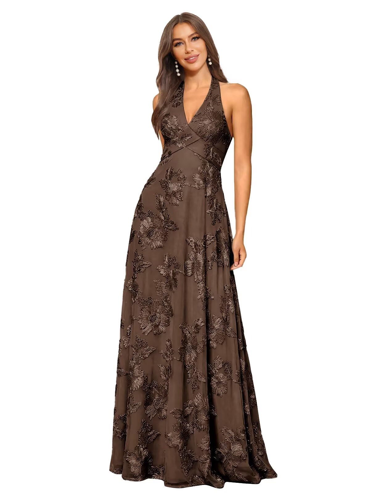 Jacquard Floral Lace Bridesmaid Dresses for Women Long A-Line Open Back Halter Formal Gown