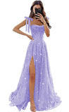 Tulle Prom Dresses with Slit Spaghetti Straps A Line Maxi Long Formal Dress