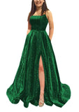 Kingbridal Gowns Spaghetti Straps Prom Dresses Long for Women 2026 A Line Sequin Satin Formal Evening Party Ball Gowns with Slit